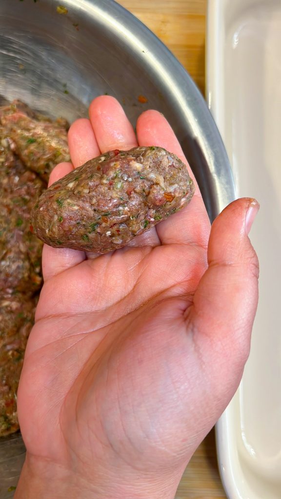 a person holding a kafta kebab