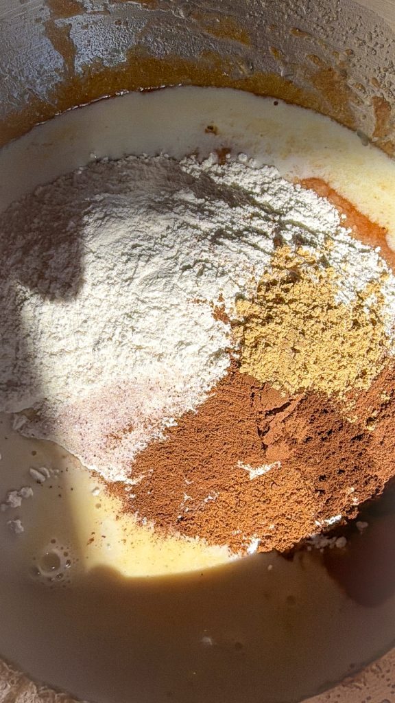 Wet and dry ingredients in a bowl for pumpkin bread